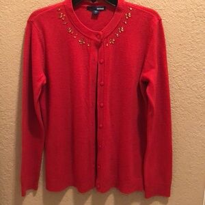 NWOT Basic Editions Red Sweater Cardigan. Jewels adorn the neckline Holiday wear